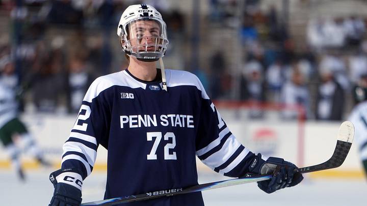 Penn State Nittany Lions forward Gavin McKenna (72) takes the ice for the game against the Michigan State Spartans at Beaver Stadium.