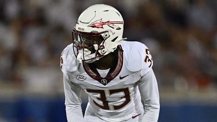 Sep 28, 2024; Dallas, Texas, USA; Florida State Seminoles defensive back Edwin Joseph (33) in action during the game between the Southern Methodist Mustangs and the Florida State Seminoles at Gerald J. Ford Stadium. Mandatory Credit: Jerome Miron-Imagn Images