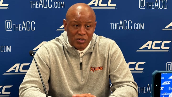 October 7, 2025; Charlotte, North Carolina, USA; Syracuse basketball coach Adrian Autry speaks with the media Tuesday on Day 2 of ACC Tipoff at the Uptown Hilton Hotel. Mandatory Credit: Brad Bierman, The Juice Online-On SI / 