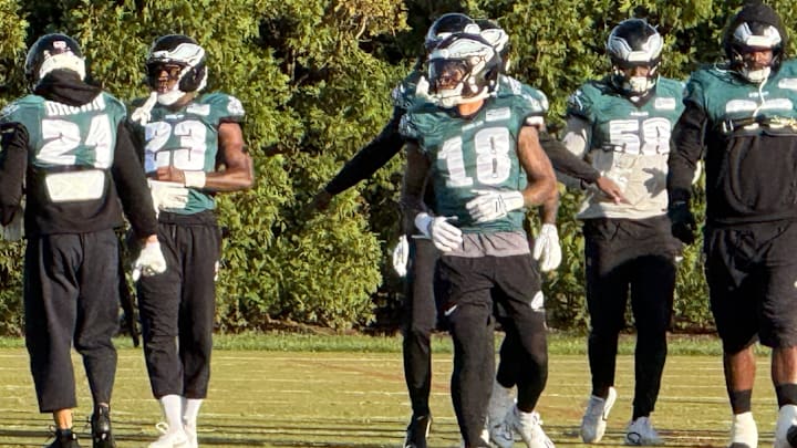 Eagles recently-acquired cornerback Jaire Alexander (18) practices with his new team for the first time on Thursday.