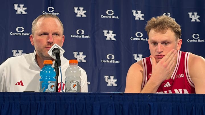 Indiana basketball coach Darian DeVries and forward Tucker DeVries speak to media Dec. 13, 2025, at Rupp Arena in Lexington. Indiana basketball coach Darian DeVries and forward Tucker DeVries speak to media Dec. 13, 2025, at Rupp Arena in Lexington.