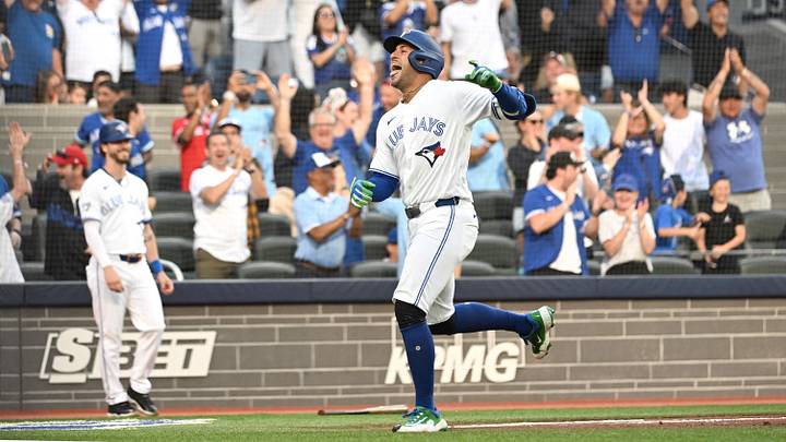 Jun 29, 2026; Toronto, Ontario, CAN; Toronto Blue Jays designated hitter George Springer (4) reacts after scoring a run on a triple and an error against the New York Mets in the first inning at Rogers Centre. Mandatory Credit: Dan Hamilton-Imagn Images Jun 29, 2026; Toronto, Ontario, CAN; Toronto Blue Jays designated hitter George Springer (4) reacts after scoring a run on a triple and an error against the New York Mets in the first inning at Rogers Centre. Mandatory Credit: Dan Hamilton-Imagn Images