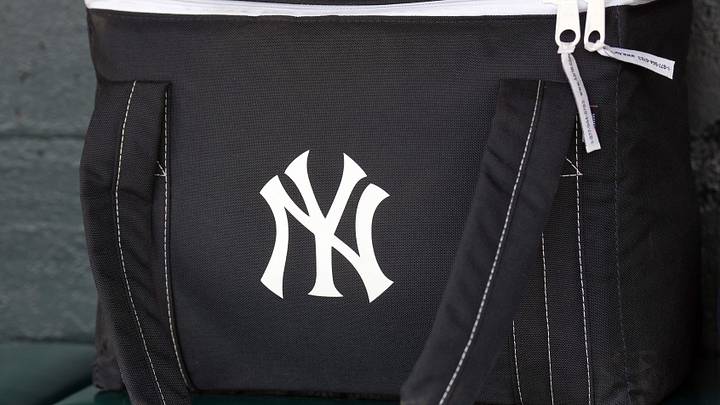 Mar 27, 2026; San Francisco, California, USA; An equipment bag with the New York Yankees logo sits in the dugout before the game against the San Francisco Giants at Oracle Park. Mandatory Credit: Darren Yamashita-Imagn Images