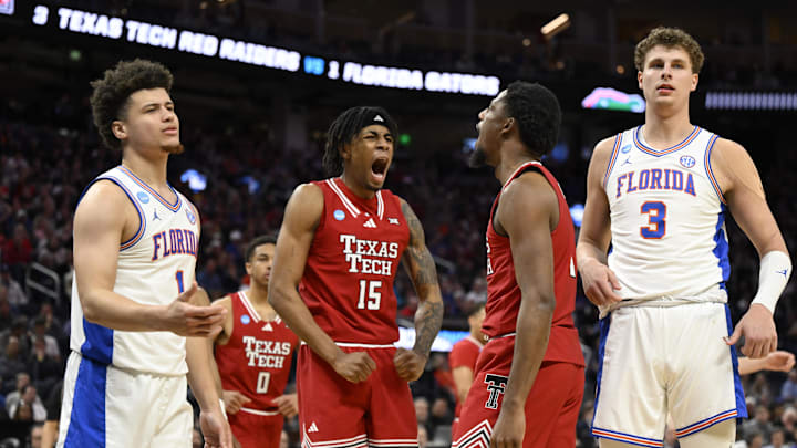 Mar 29, 2025; San Francisco, CA, USA; Texas Tech Red Raiders guard Kevin Overton (1) and forward JT Toppin (15) react during the second half against the Florida Gators during the West Regional final of the 2025 NCAA tournament at Chase Center. Mandatory Credit: Eakin Howard-Imagn Images