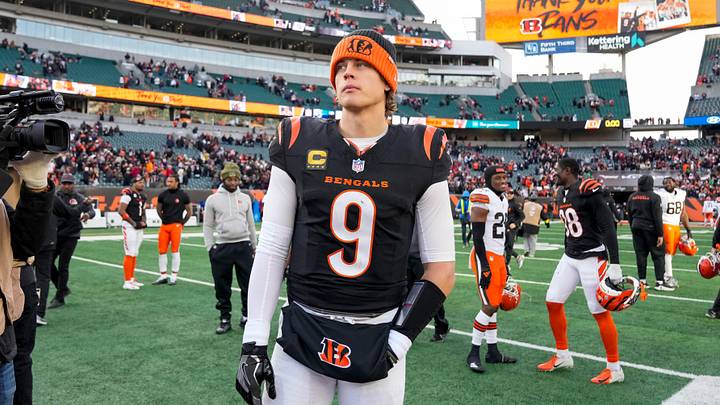 Cincinnati Bengals quarterback Joe Burrow (9) looks for hands to shake after the fourth quarter of the NFL Week 18 game between the Cincinnati Bengals and the Cleveland Browns at Paycor Stadium in Downtown Cincinnati on Sunday, Jan. 4, 2026. The Browns kicked a last second field goal to win 20-18. Cincinnati Bengals quarterback Joe Burrow (9) looks for hands to shake after the fourth quarter of the NFL Week 18 game between the Cincinnati Bengals and the Cleveland Browns at Paycor Stadium in Downtown Cincinnati on Sunday, Jan. 4, 2026. The Browns kicked a last second field goal to win 20-18.