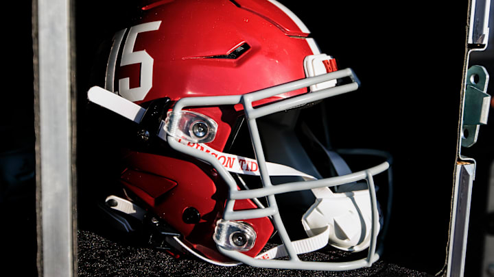 Nov 23, 2024; Norman, Oklahoma, USA; Alabama Crimson Tide helmet prior to a game against the Oklahoma Sooners at Gaylord Family-Oklahoma Memorial Stadium. Mandatory Credit: William Purnell-Imagn Images