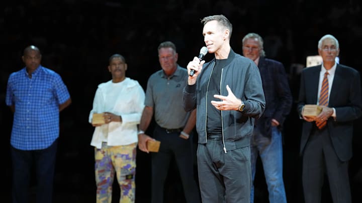 Oct 28, 2023; Phoenix, Arizona, USA; Phoenix Suns legend Steve Nash greets fans during a Ring of Honor half time ceremony of the game against the Utah Jazz at Footprint Center. Mandatory Credit: Joe Camporeale-Imagn Images