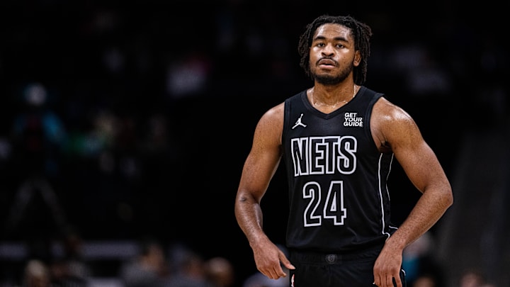 Mar 8, 2025; Charlotte, North Carolina, USA; Brooklyn Nets guard Cam Thomas (24) looks on during a break against the Charlotte Hornets during the second quarter at Spectrum Center. Mandatory Credit: Scott Kinser-Imagn Images