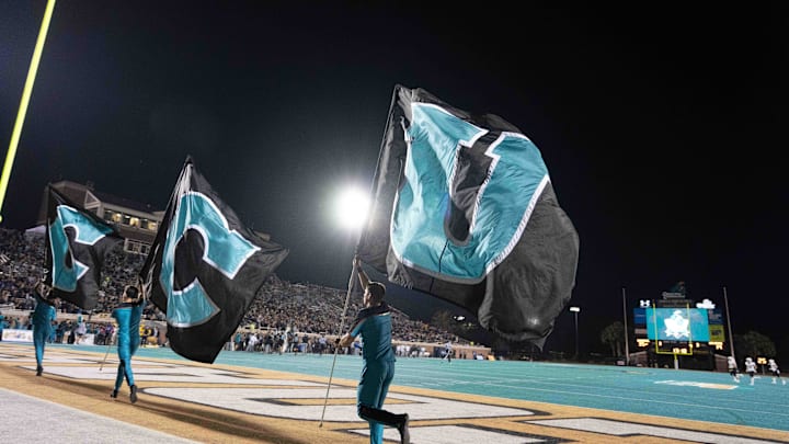 Coastal Carolina Chanticleers flags at Brooks Stadium on Nov 3, 2022. 