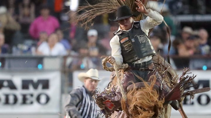Saddle bronc rider Logan Hay, of Wildwood, Alberta Can.