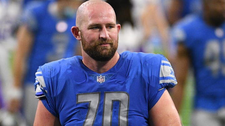 Jan 3, 2021; Detroit, Michigan, USA; Detroit Lions offensive tackle Dan Skipper (70) after the game against the Minnesota Vikings at Ford Field.