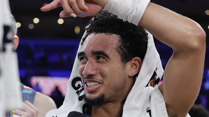 Oklahoma City Thunder guard Jared McCain (3) talks to the media after a game against the Brooklyn Nets during the second half at Paycom Center on Feb 20, 2026. Oklahoma City Thunder guard Jared McCain (3) talks to the media after a game against the Brooklyn Nets during the second half at Paycom Center on Feb 20, 2026.