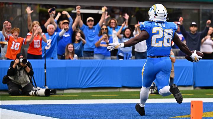 Oct 11, 2026; Inglewood, California, USA; Los Angeles Chargers running back Kimani Vidal (28) scores a touchdown against the Denver Broncos during the second half at SoFi Stadium. Mandatory Credit: William Liang-Imagn Images Oct 11, 2026; Inglewood, California, USA; Los Angeles Chargers running back Kimani Vidal (28) scores a touchdown against the Denver Broncos during the second half at SoFi Stadium. Mandatory Credit: William Liang-Imagn Images