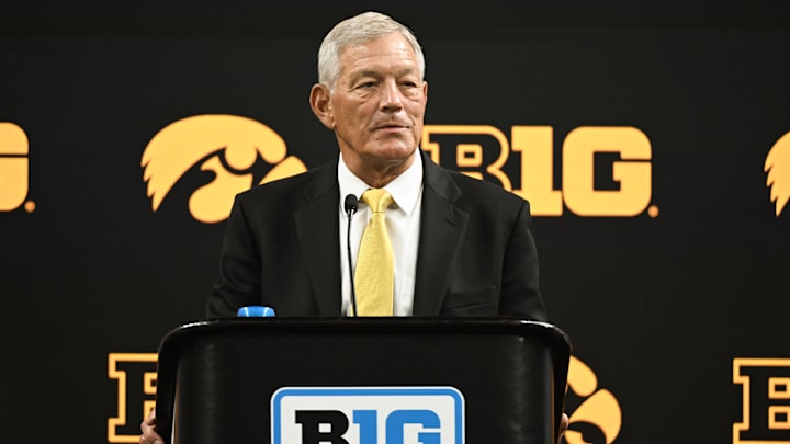 Jul 24, 2024; Indianapolis, IN, USA;  Iowa Hawkeyes head coach Kirk Ferentz speaks to the media during the Big 10 football media day at Lucas Oil Stadium. Mandatory Credit: Robert Goddin-Imagn Images