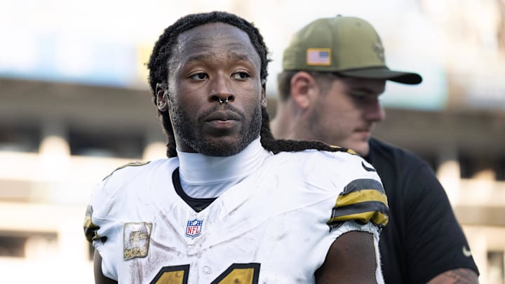 Nov 9, 2025; Charlotte, North Carolina, USA; New Orleans Saints running back Alvin Kamara (41) walks off the field after the game at Bank of America Stadium. Mandatory Credit: Bob Donnan-Imagn Images
