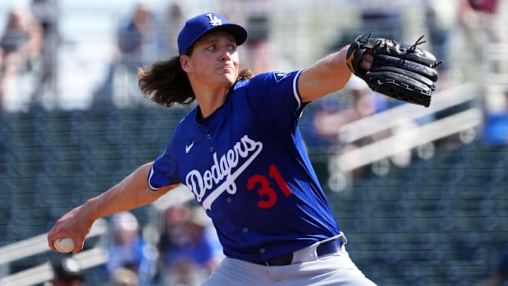 Feb 24, 2025; Goodyear, Arizona, USA; Los Angeles Dodgers pitcher Tyler Glasnow (31) pitches against the Cincinnati Reds during the first inning at Goodyear Ballpark. Mandatory Credit: Joe Camporeale-Imagn Images