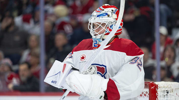 Mar 11, 2026; Ottawa, Ontario, CAN; Montreal Canadiens goalie Jacob Fowler (32) looks up the ice prior to the start of game against the Ottawa Senators at the Canadian Tire Centre. Mandatory Credit: Marc DesRosiers-IMAGN Images
