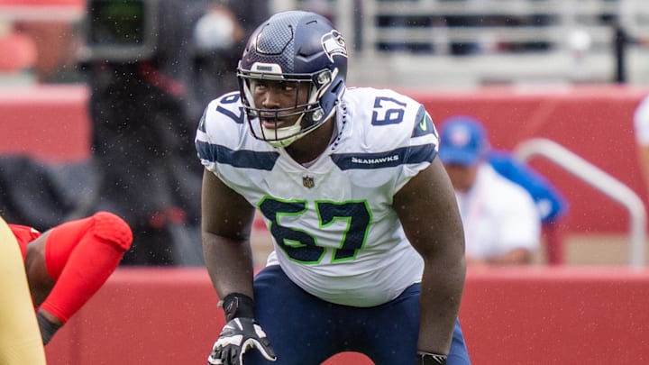 September 18, 2022; Santa Clara, California, USA; Seattle Seahawks offensive tackle Charles Cross (67) during the second quarter against the San Francisco 49ers at Levi's Stadium.