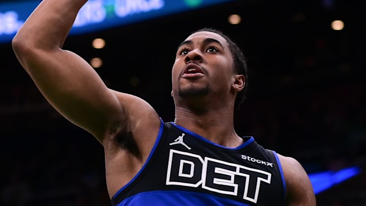Dec 12, 2024; Boston, Massachusetts, USA;  Detroit Pistons guard Jaden Ivey (23) in game action against the Boston Celtics during the first half at TD Garden. Mandatory Credit: Eric Canha-Imagn Images