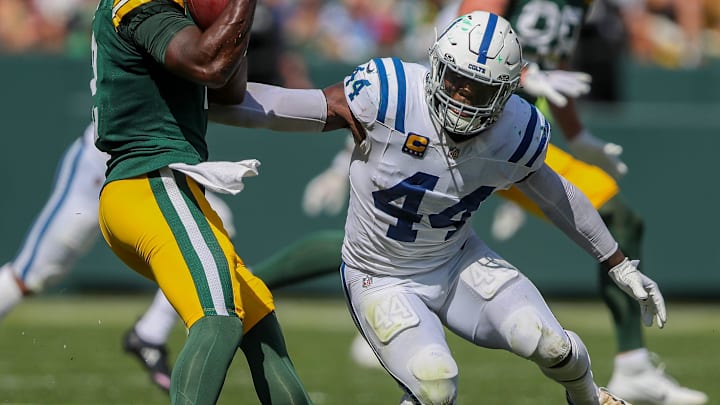 Indianapolis Colts linebacker Zaire Franklin (44) misses a sack against Green Bay Packers quarterback Malik Willis (2) on Sunday, September 15, 2024, at Lambeau Field in Green Bay, Wis. The Packers won the game, 16-10.
Tork Mason/USA TODAY NETWORK-Wisconsin Indianapolis Colts linebacker Zaire Franklin (44) misses a sack against Green Bay Packers quarterback Malik Willis (2) on Sunday, September 15, 2024, at Lambeau Field in Green Bay, Wis. The Packers won the game, 16-10.
Tork Mason/USA TODAY NETWORK-Wisconsin