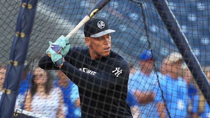 Jul 21, 2025; Toronto, Ontario, CAN; New York Yankees right fielder Aaron Judge (99) takes practice before a game against the Toronto Blue Jays at Rogers Centre. Mandatory Credit: Nick Turchiaro-Imagn Images