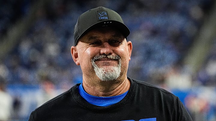 Detroit Lions offensive coordinator John Morton walks towards the sideline during warm up ahead of the Cleveland Browns game at Ford Field in Detroit on Sunday, Sept. 28, 2025.