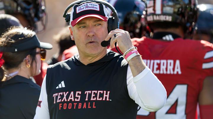 Oct 18, 2025; Tempe, Arizona, USA; Texas Tech Red Raiders head coach Joey McGuire against the Arizona State Sun Devils in the first half at Mountain America Stadium. Mandatory Credit: Mark J. Rebilas-Imagn Images