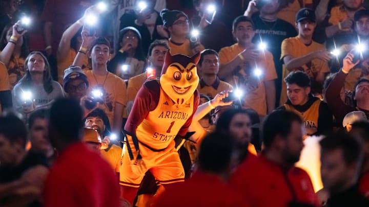 Jan 24, 2026; Tempe, Arizona, USA; Arizona State Sun Devils mascot Sparky prior to the game against the Cincinnati Bearcats at Desert Financial Arena. Mandatory Credit: Mark J. Rebilas-Imagn Images Jan 24, 2026; Tempe, Arizona, USA; Arizona State Sun Devils mascot Sparky prior to the game against the Cincinnati Bearcats at Desert Financial Arena. Mandatory Credit: Mark J. Rebilas-Imagn Images