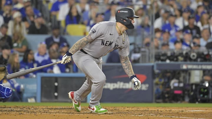 New York Yankees second baseman Gleyber Torres hits a single during a World Series game against the Los Angeles Dodgers on Oct. 15 at Dodger Stadium.