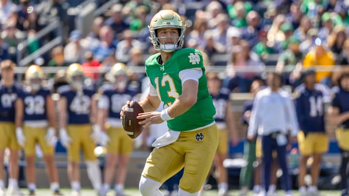 Apr 12, 2025; Notre Dame, IN, USA; Notre Dame Fighting Irish quarterback CJ Carr (13) throws a pass during the Blue-Gold game at Notre Dame Stadium. Mandatory Credit: Michael Caterina-Imagn Images