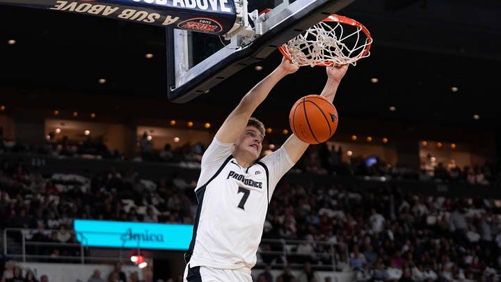 Feb 14, 2026; Providence, Rhode Island, USA; Providence College Friars guard Stefan Vaaks (7) dunks during the first half of the game against the St. John’s University Red Storm at Amica Mutual Pavilion. Mandatory Credit: Natalie Reid-Imagn Images