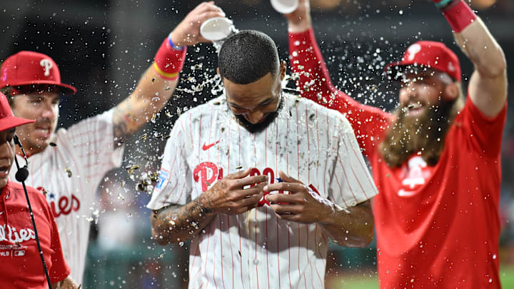 Philadelphia Phillies starting pitcher Cristopher Sanchez is showered by teammates after pitching a complete game against the Washington Nationals at Citizens Bank Park