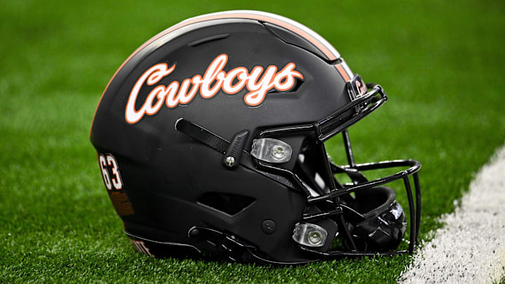 Dec 2, 2023; Arlington, TX, USA; A view of a Oklahoma State Cowboys helmet before the game between the Texas Longhorns and the Oklahoma State Cowboys at AT&T Stadium. Mandatory Credit: Jerome Miron-Imagn Images Dec 2, 2023; Arlington, TX, USA; A view of a Oklahoma State Cowboys helmet before the game between the Texas Longhorns and the Oklahoma State Cowboys at AT&T Stadium. Mandatory Credit: Jerome Miron-Imagn Images