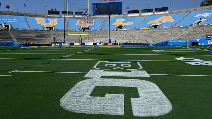 Sep 14, 2024; Pasadena, California, USA; The Big Ten (B1G) Conference logo on the field at Rose Bowl. Mandatory Credit: Kirby Lee-Imagn Images