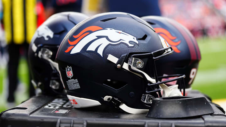 Detail view of the helmets worn by the Denver Broncos during the second half against the Arizona Cardinals.