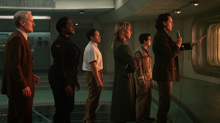 (L-R): Owen Wilson as Mobius, Wunmi Mosaku as Hunter B-15, Eugene Cordero as Casey, Sophia Di Martino as Sylvie, Ke Huy Quan as O.B., and Tom Hiddleston as Loki in Marvel Studios' LOKI, Season 2, exclusively on Disney+. Photo by Gareth Gatrell. © 2023 MARVEL.