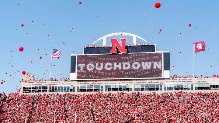 Oct 5, 2024; Lincoln, Nebraska, USA; Balloons are released after a touchdown by the Nebraska Cornhuskers against the Rutgers Scarlet Knights during the first quarter at Memorial Stadium. Oct 5, 2024; Lincoln, Nebraska, USA; Balloons are released after a touchdown by the Nebraska Cornhuskers against the Rutgers Scarlet Knights during the first quarter at Memorial Stadium.