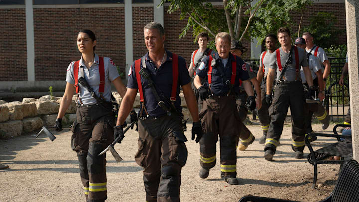 CHICAGO FIRE -- "Ride the Blade" Episode 13002 -- Pictured: (l-r) Miranda Rae Mayo as Stella Kidd, Taylor Kinney as Kelly Severide, Michael Bradway as Damon, Christian Stolte as Randy "Mouch" McHolland, Daniel Kyri as Darren Ritter, Jake Lockett as Sam Carver -- (Photo by: Peter Gordon/NBC)