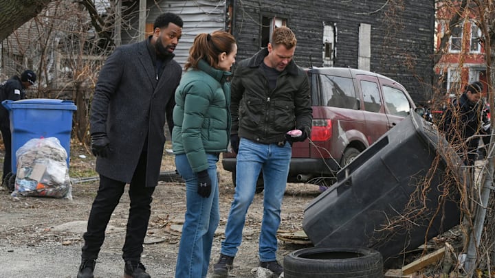 CHICAGO P.D. -- "Street Jesus" Episode 12013 -- Pictured: (l-r) LaRoyce Hawkins as Officer Kevin Atwater, Marina Squerciati as Officer Kim Burgess, Patrick John Flueger as Officer Adam Ruzek -- (Photo by: Lori Allen/NBC)
