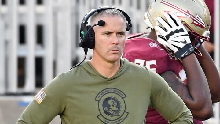 Nov 2, 2024; Tallahassee, Florida, USA; Florida State Seminoles head coach Mike Norvell looks on from the sideline after the North Carolina Tarheels score a final touchdown in the fourth quarter at Doak S. Campbell Stadium. Mandatory Credit: Robert Myers-Imagn Images