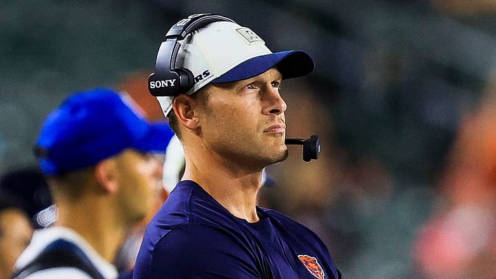 Aug 22, 2026; Cincinnati, Ohio, USA; Chicago Bears head coach Ben Johnson stands on the sidelines during the second half in the game against the Cincinnati Bengals at Paycor Stadium. Mandatory Credit: Katie Stratman-Imagn Images