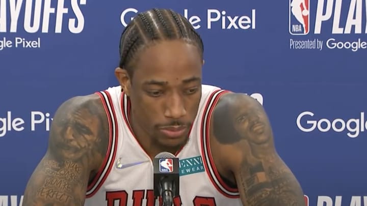 DeMar DeRozan addresses the media after a playoff loss vs. the Milwaukee Bucks in 2022. DeMar DeRozan addresses the media after a playoff loss vs. the Milwaukee Bucks in 2022.