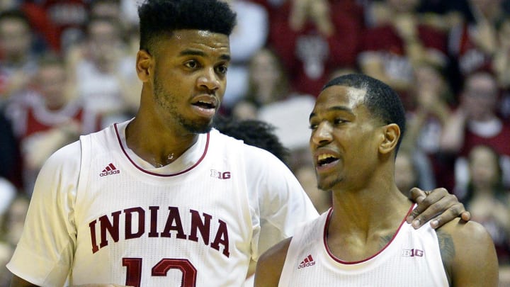 Indiana Hoosiers forward Juwan Morgan (13) talks to Indiana Hoosiers guard Devonte Green (11) during a game against Purdue at Simon Skjodt Assembly Hall in Bloomington, Ind., on Tuesday, Feb. 19, 2019.
