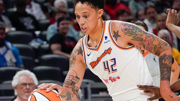 The Phoenix Mercury's Brittney Griner (42) drives to the hoop during the a game between the Indiana Fever and Phoenix Mercury, on Sunday, June 11, 2023, at Gainbridge Fieldhouse in Indianapolis.