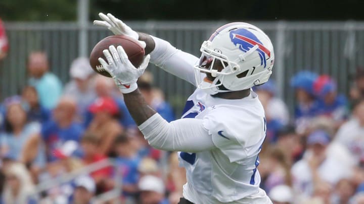 Bills wide receiver Elijah Moore pulls in a pass during position drills during day three of Buffalo Bills training camp at St. John Fisher University Friday, July 25, 2025 in Pittsford, NY. Bills wide receiver Elijah Moore pulls in a pass during position drills during day three of Buffalo Bills training camp at St. John Fisher University Friday, July 25, 2025 in Pittsford, NY.