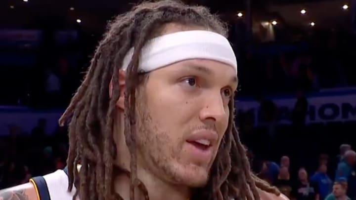 Aaron Gordon gives an interview after winning Game 1 with a three-pointer. 