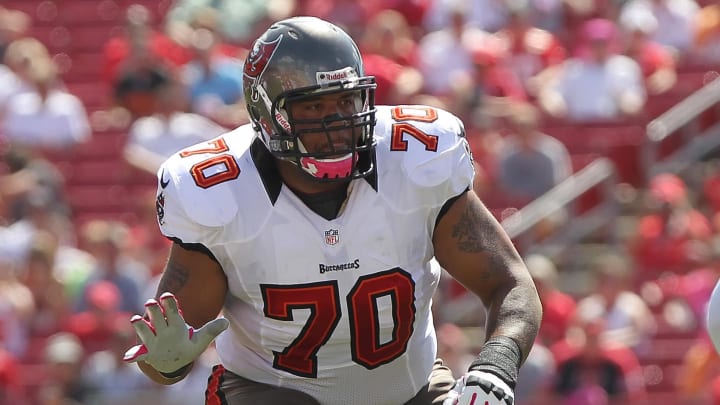October 14, 2012; Tampa, FL, USA; Tampa Bay Buccaneers tackle Donald Penn (70) blocks against the Kansas City Chiefs during the first quarter at Raymond James Stadium. Mandatory Credit: Kim Klement-USA TODAY Sports