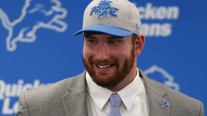 Detroit Lions first round draft pick Arkansas center Frank Ragnow talks to reporters Friday, April 27, 2018, the practice facility in Allen Park, Mich.