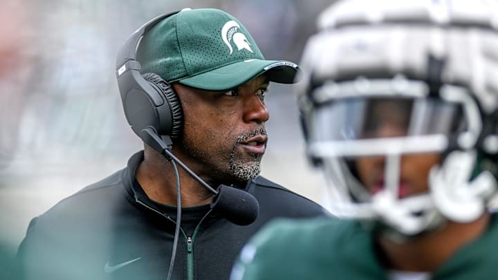 Michigan State's wide receivers coach Courtney Hawkins looks on during the spring game on Saturday, April 16, 2022, at Spartan Stadium in East Lansing.

220415 Msu Spring Game 319a