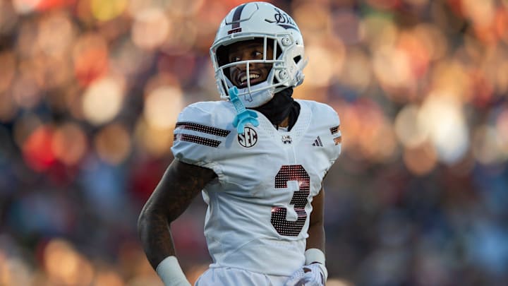 Mississippi State's wide receiver Kevin Coleman Jr. (3) smiles after scoring a touchdown during the Egg Bowl game against Mississippi at Vaught-Hemingway Stadium on Friday, Nov. 29, 2024. Mississippi State's wide receiver Kevin Coleman Jr. (3) smiles after scoring a touchdown during the Egg Bowl game against Mississippi at Vaught-Hemingway Stadium on Friday, Nov. 29, 2024.